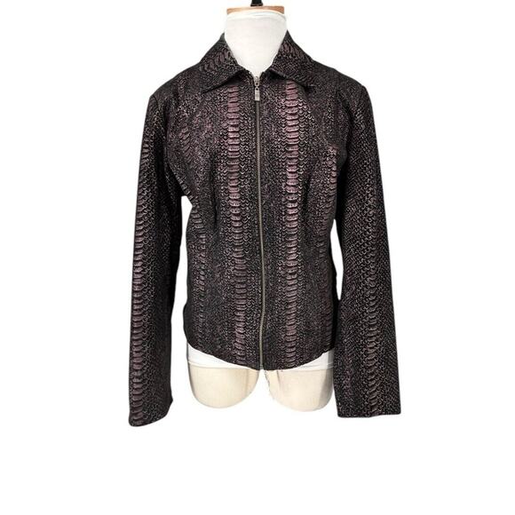 Pamela McCoy Animal Print Leather Jacket EUC Large Purple Bronze Black - Picture 1 of 16